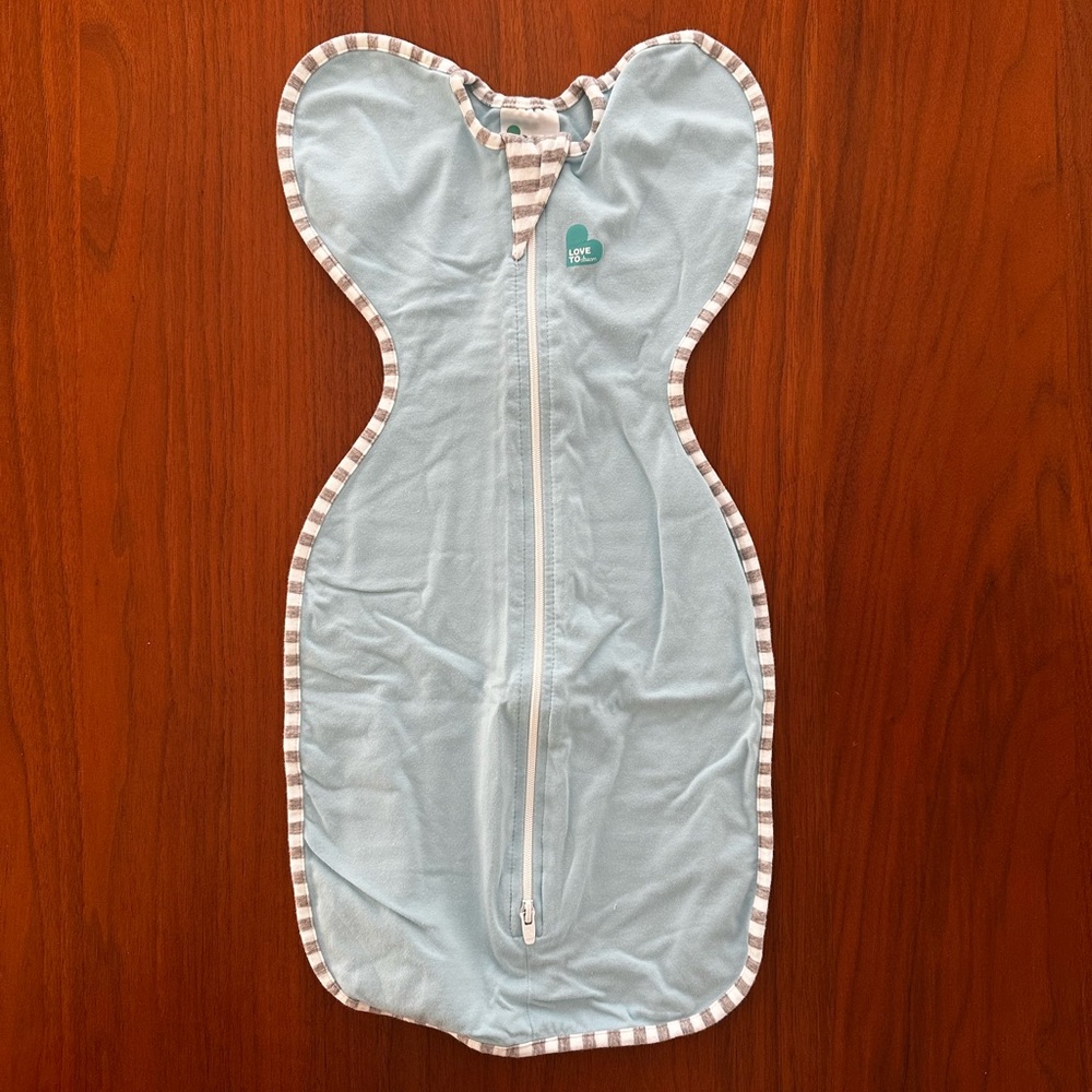 Love to dream light blue swaddle sleep sack with striped trim
